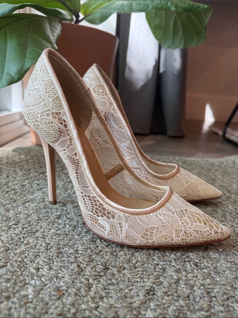 BCBGMaxAzria Cream Lace Pointed-Toe Stiletto Heels